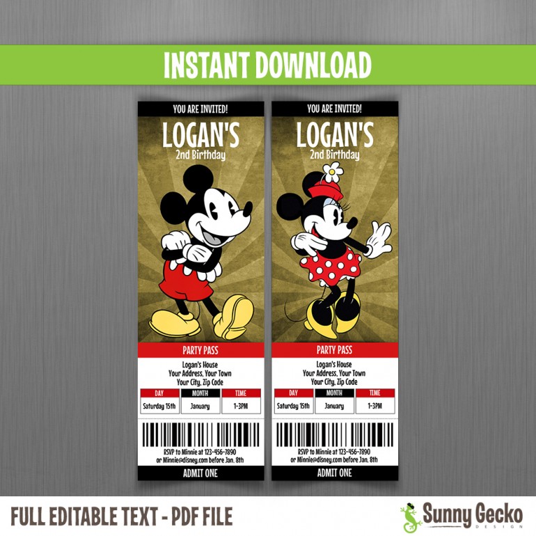 Vintage Minnie & Mickey Birthday Ticket Invitations